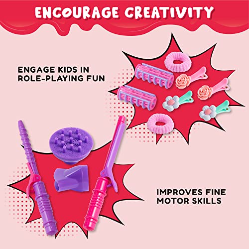 JOYIN 17Pcs Girls Beauty Salon Set, Pretend Play Doll Hair Stylist Toy Kit with Hairdryer, Mirror, Curling Iron and Other Accessories for Kids JOYIN