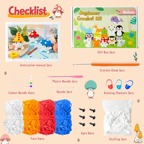 BWkoss Beginner Crochet Kit, Cute Mushroom Crochet Starter Kit for Adults Kids DIY Craft Complete Material Pack with Step-by-Step Instruction and BWkoss