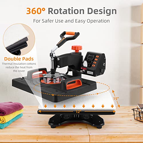 Heat Press Machine 12x15 inch 360° Swing Digital T Shirt Pressing Machine 6 in 1 Multifunction Heat Transfer Sublimation Combo for T Shirts Mugs Hat Towallmark