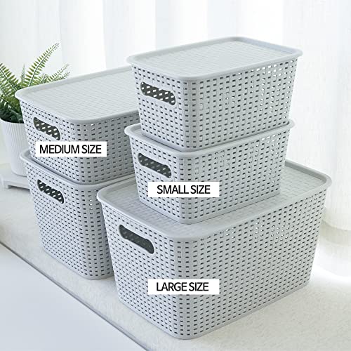 OLLIC Plastic Bins Large Storage with Lids | Korean Organizer Bin Basket Set for Organizing Baskets in Closet and Home (White, Large 4PK) OLLIC
