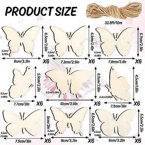 Whaline 54 Pieces Unfinished Wooden Butterfly Cutouts with Holes and Hemp Rope DIY Blank Butterfly Shape Hanging Ornaments Embellishments Wooden Whaline