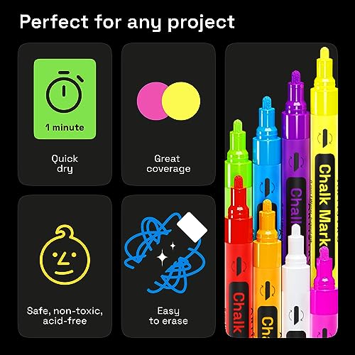 ARTISTRO 8 Neon Chalk Markers - Erasable Chalk Pens with 6mm Reversible Tip for Blackboard, Chalkboard, Car Window, Glass - Liquid Chalk Markers ARTISTRO