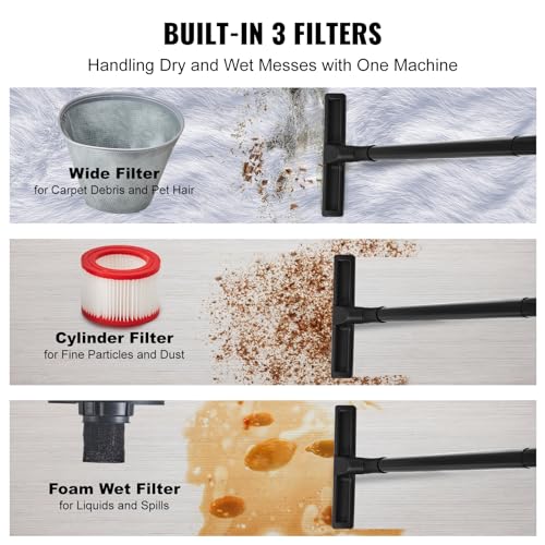 VEVOR Shop Vacuum Wet and Dry, 5 Gallon 6 Peak HP Wet/Dry Vac, Powerful Suction with Blower Function with Attachments 2-in-1 Crevice Nozzle, Small VEVOR