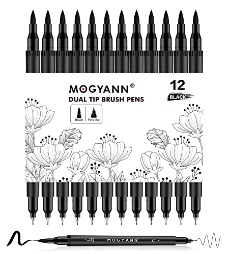 Mogyann Drawing Pens, 12 Pack Dual Brush Pens Black Markers for Art Drawing Sketching Mogyann