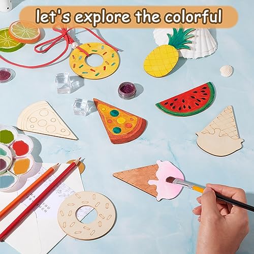 Pandahall 25Pcs Unfinished Summer Theme Wood Slices Watermelon Ice Cream Pineapple Pizza Doughnut Wooden Cutouts Cabochons for Painting DIY Vocation PH PandaHall