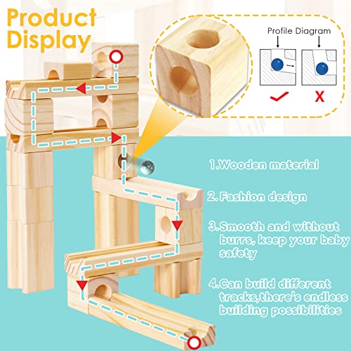 Wooden Marble Run for Kids Ages 4-8, 60 Pieces Wood Building Blocks Toys and Construction Play Set, Marble Track Maze Game STEM Learning Toys Gifts Onshine