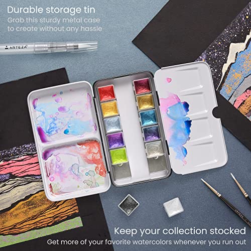 ARTEZA Iridescent Watercolor Paint Set, 12 Metallic Pearl Colors Half-Pans, Waterbrush included, Reusable Semi-Moist Glitter Paint, Non-Toxic, Art ARTEZA