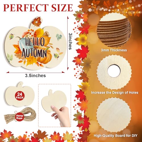 Wooden Pumpkins Ornaments to Paint Halloween Thanksgiving Decoration Cutouts Unfinished 24PCS 3.5 x 3 inches, DIY Blank Unfinished Pumpkin Wood Discs Sophena