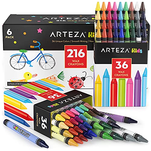 Arteza Kids Toddler Crayons in Bulk, 216 Count, 6 Packs of 36 Colors, Regular Size, Vivid Wax Crayon Pencils, Art and Back to School Supplies for Arteza Kids