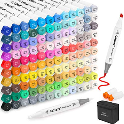 Caliart 121 Colors Alcohol Based Markers, Dual Tip (Brush & Chisel) Permanent Artist Art Sketch Markers for Adult Kid Halloween Coloring Book and