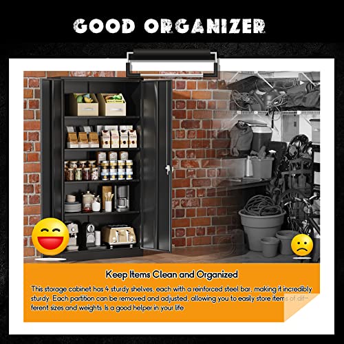 Greenvelly Storage Cabinet, 72” Black Garage Steel Locking Cabinet with Doors and 4 Adjustable Shelves, Tall Lockable File &Tool Cabinet for Home Greenvelly
