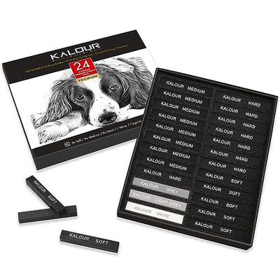 KALOUR 24 Pro Charcoal Drawing Set - Soft,Medium,Hard Charcoal and White Charcoal - Charcol Sticks for Drawing Sketching Shading - Art Supplies Gift