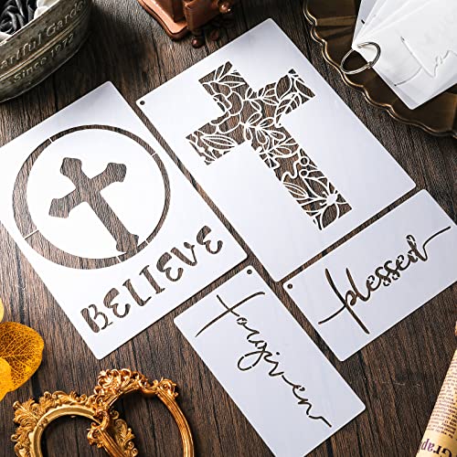 9 Pieces Cross Stencil Set Christian Stencils Believe Jesus Forgiven Cross Stencil Religious Stencil Reusable Painting Template Christmas Gift for Tinlade