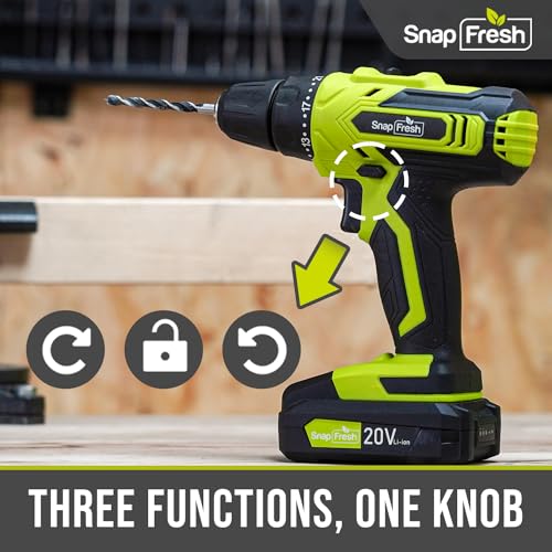 SnapFresh Cordless Drill - 20V Cordless Drill with Battery and Charger, Power Drill Set with 2 Variable Speed, 21+1 Torque Setting, Lightweight, LED, SnapFresh