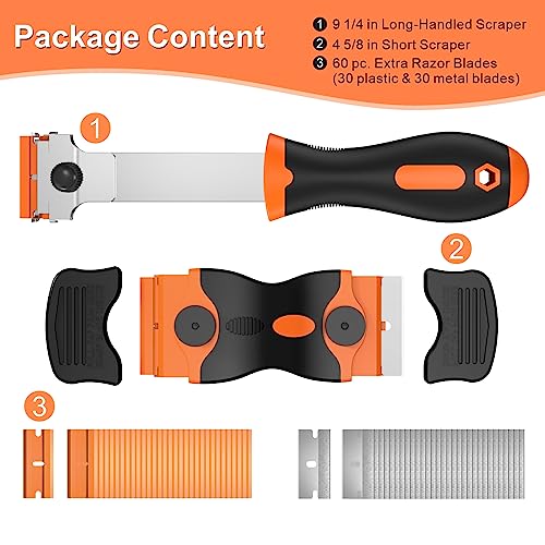 Ywmoml 3 Pack Razor Blade Scraper, Plastic Razor Blade Scraper, Scraper Tool with Extra 30 Plastic Razor Blades and 30 Metal Blades, Razor Scraper Ywmoml