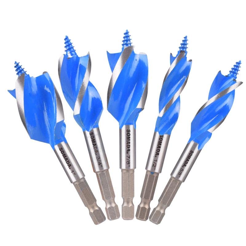 SOMADA Auger Drill Bit Set for Wood, 5-Piece, 1/2", 5/8", 3/4", 7/8" and 1" Inch Size, 4-Inch Long with Storage Case, Impact Wood Auger Set with SOMADA