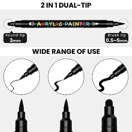 Tesquio Black and White Paint Marker, 8 Pack Dual Tip Acrylic Paint Pens with Medium Tip and Brush Tip, Ideal for Wood, Rock Painting, Canvas, Stone, Tesquio