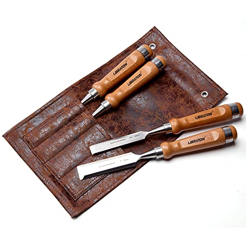 Libraton Woodworking Chisel Set, 4pcs Cr-V Wood Chisels Set, Professional Chisels with Leather Pouch for Carpenter, Christmas Gift for Man LIBRATON