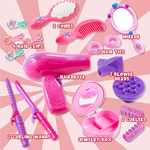 JOYIN 17Pcs Girls Beauty Salon Set, Pretend Play Doll Hair Stylist Toy Kit with Hairdryer, Mirror, Curling Iron and Other Accessories for Kids JOYIN