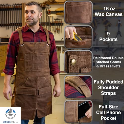 Heavy Duty Shop Apron Woodworking Apron for Sizes M-XXL Water-Resistant 16 Oz Waxed Brown Canvas Oriole Tools