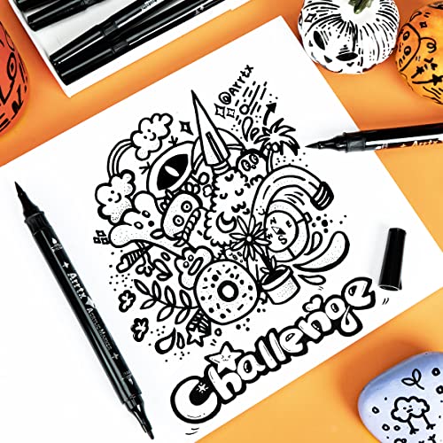 Arrtx Black Acrylic Paint Pens - 8 Pack Brush Tip and Fine Tip (Dual Tip) Black Paint Markers for Rock Painting, Water Based Acrylic Painting Arrtx