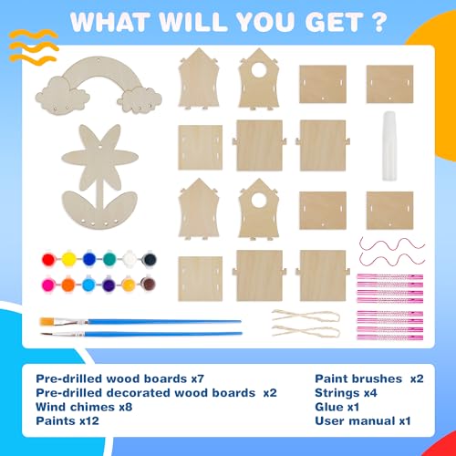 BelloChiddo 2 Pack DIY Birdhouse Kit with Wind Chime - Creative Wooden Craft for Kids to Build and Paint BELLOCHIDDO