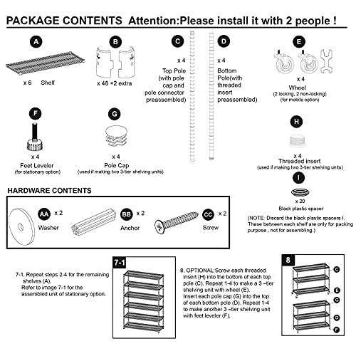 Storage Shelves 6000lbs Capacity, 6 Tier Metal Shelf on Casters 48" L×18" W×76" H Movable Heavy Duty Shelving Unit NSF Wire Shelf with Wheels for TYNB