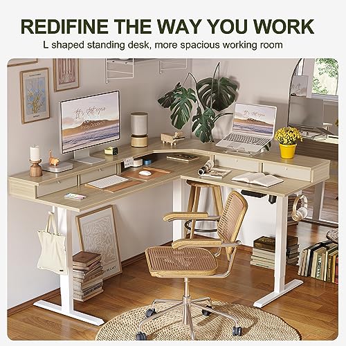 BANTI 63" L-Shaped Electric Standing Desk,Height Adjustable Stand up Desk with 3 Drawer,Corner Stand up Desk, Light Walnut Top BANTI