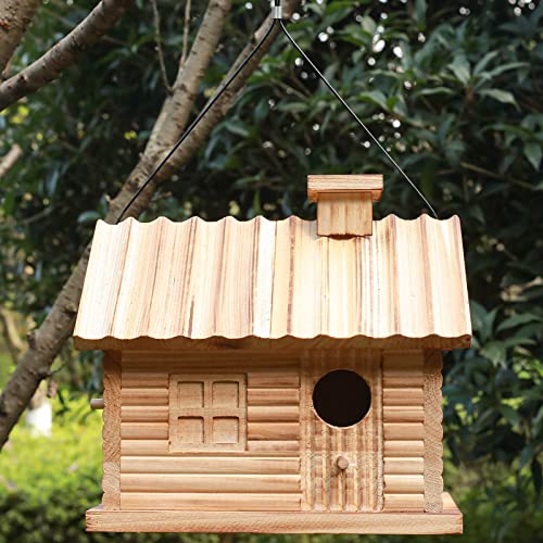 Bird Houses Outside,Outdoor Bird House, Natural Wooden Bird Hut Clearance 2 Hole Bluebird Finch Cardinals Hanging Birdhouse for Garden Viewing STARSWR