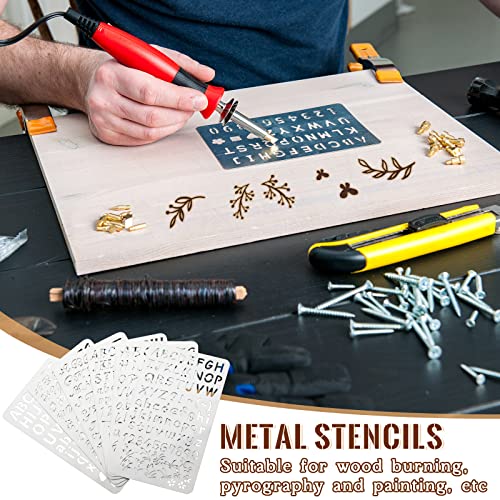 6 Pcs Mixed Letter Number Metal Stencils Plant Wood Stencils Templates Alphabet Symbol Stainless Steel Stencils for Wood Carving Drawing Engraving Lewtemi