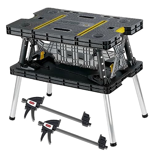 Keter Portable Folding Work Table Tool Storage Stand Workbench with 12 Inch Wood Clamps for Saws, Home Improvement, and Construction Keter