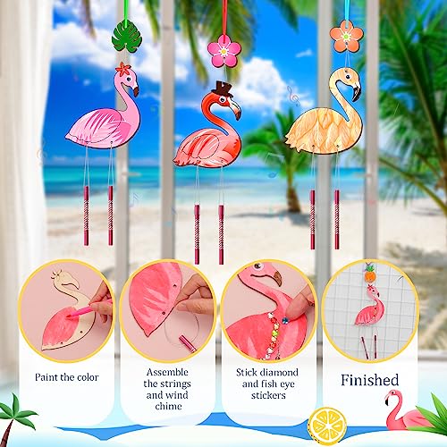 16 Pack Wind Chime Kits for Kids, Make Your Own Summer Flamingos Wind Chime DIY Coloring Heart Flower Pineapple Wooden Arts and Crafts Birthday Gifts TREACLUB