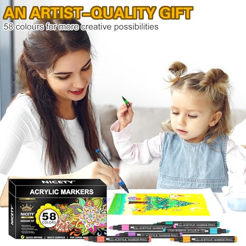 NICETY 58 Colors Acrylic Paint Pens Paint Markers, 3mm Medium Tip Point Acrylic Paint Pens for Rock Painting, Canvas, Wood, Ceramic, Glass, Stone, NICETY