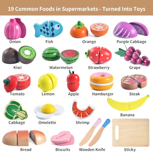 WHOHOLL Wooden Play Food for Kids Kitchen Playset, Play Kitchen Accessories Pretend Cutting Food Montessori Toys for 2+ Year Old with Basket, Toy WHOHOLL
