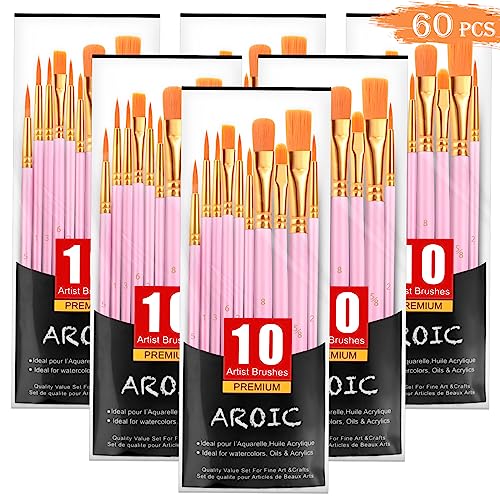 AROIC Acrylic Paint Brushes, 6 Packs/60 pcs Nylon Hair Paint Brush Set for All Purpose Oil Watercolor Painting Artist Professional Kits (Pink) AROIC