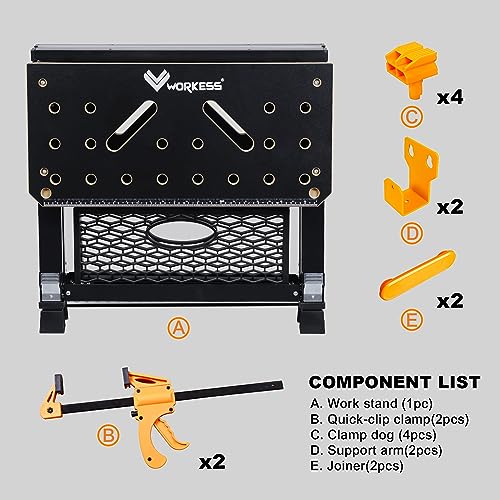 WORKESS Portable Workbench & Sawhorse, 1000Lbs Capacity Heavy Duty Folding Work Table, 23.6"-36" Adjustable Height with 2 Quick Clamps, 4 Bench Dogs, WORKESS