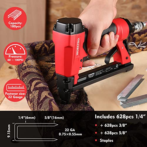 WORKPRO 7116 Pneumatic Staple Gun, 22 Gauge Upholstery Stapler with 1884pcs Staples 1/4"to 5/8", Air-Powered, Rear Exhaust, for Carpentry, WORKPRO