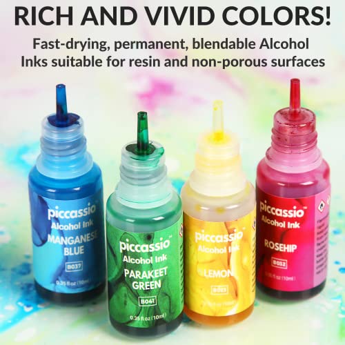 Alcohol Ink Set - New Improved Formula - 24 Highly Saturated Alcohol Inks - Fast-Drying and Permanent Inks - Versatile Alcohol Ink for Epoxy Resin, Piccassio