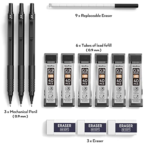 Nicpro Metal 0.9 mm Mechanical Pencils Set with Case, 3PCS Black 0.9mm Drafting Pencil, 6 Tubes HB Lead Refills, 3PCS Erasers, Erasers Refills for Nicpro