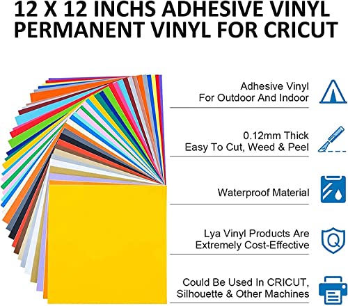 Lya Vinyl Permanent Vinyl for Cricut - 130 Pack 12 "x12 Self Adhesive Vinyl Sheets,120 Vinyl Sheets & 10 Transfer Tape Sheets for Cutting Machines Lya Vinyl