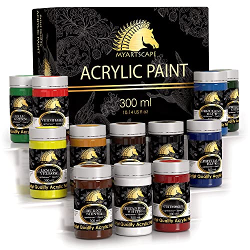 MyArtscape Acrylic Paint Set - 12 x 300ml Bottles - Lightfast - Heavy Body - Rich Pigments - Artist Quality Painting Supplies - Professional Grade MyArtscape