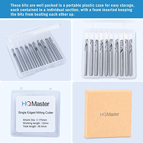 HQMaster CNC Router Bits, 10 Pack Router Bit Single End Mill Set Milling Cutter Tungsten Steel Engraving Carving Tool Kit HQMaster