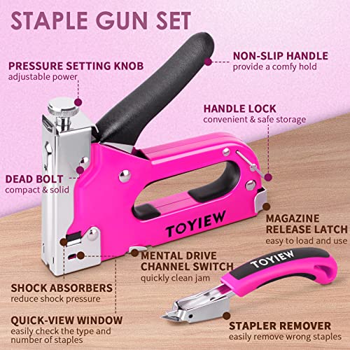 TOYIEW 33Pcs Pink Staple Gun Tool Set with 3 in 1 Upholstery Staple Gun for Wood Heavy Duty and 900 Staples, Perfect for DIY Decoration, Crafts, TOYIEW