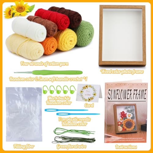 IMZAY Sunflower Crochet Kit with Photo Frame, Sunflower Knitting Weaving Set with Yarn, Hooks, Instruction, Stitching Markers, Fiber Fill, Floral IMZAY