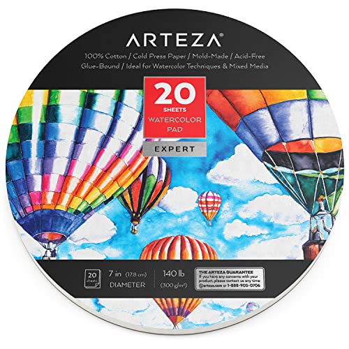 Arteza Watercolor Paper, 7-Inch Diameter, 20 Round Sheets, 140-lb Drawing Pad for Painting and Sketching, Art Supplies for Mixed Media and Watercolor ARTEZA