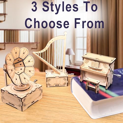 CYAZOO 3in1 3D Wooden Assembly Puzzle Hand Crank Music Box Set Wood Craft Kit-DIY Musical Instrument Model Toy-Home Decoration Best C·YAZOO