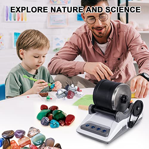 Rock Tumbler Kit, Professional Tumbling Stone Polisher with Button 7 Day Polishing Timer, Rock Polisher with Rough Gemstones, 4 Polishing Grits, Carseatty