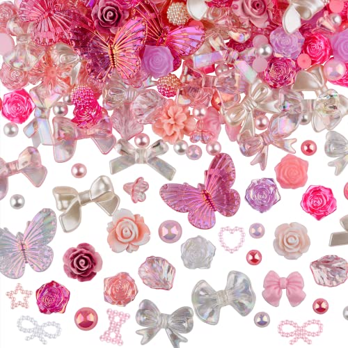 Kikonoke 350 Pieces 3D Resin ABS Colorful Rose Flower Bows Butterfly Charms with Flatback Half Round Pearl Beads for Bracelet Earring Necklace Craft kikonoke