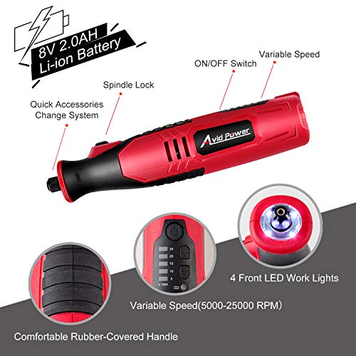 AVID POWER Cordless Rotary Tool 2.0 Ah 8V Rechargeable Rotary Tool, 4 Front LED Lights, 5 Speeds, 60 Pcs Rotary Tool Accessories with Bag for AVID POWER
