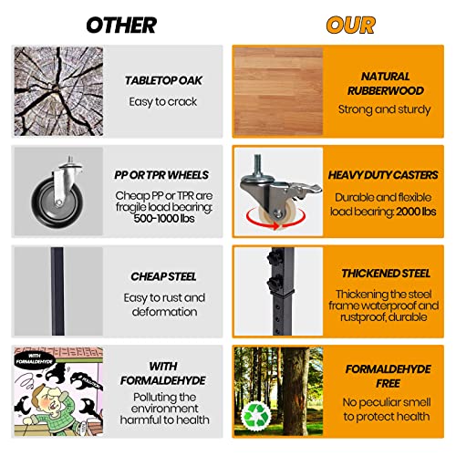 48" Adjustable Work Bench, Rubber Wood Top Heavy-Duty Workbench with Wheels, 2000 LBS Load Capacity Hardwood Worktable, for Garage, Workshop, Home, Polar Aurora